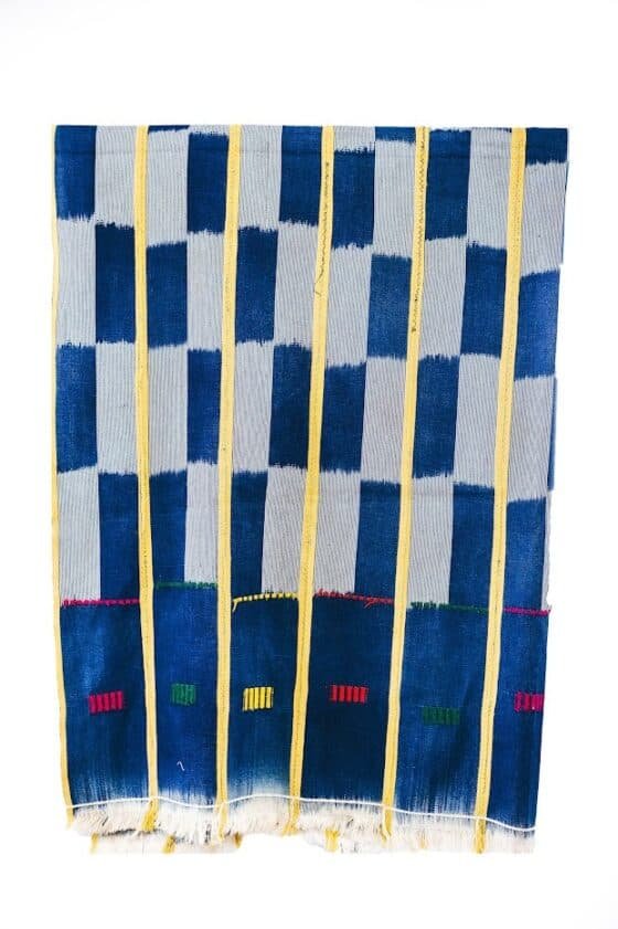 5FBF2FB4-D25A-4BE4-8989-32F8B3FE61B9 Yellow Strips Blue Fabric - Image 1